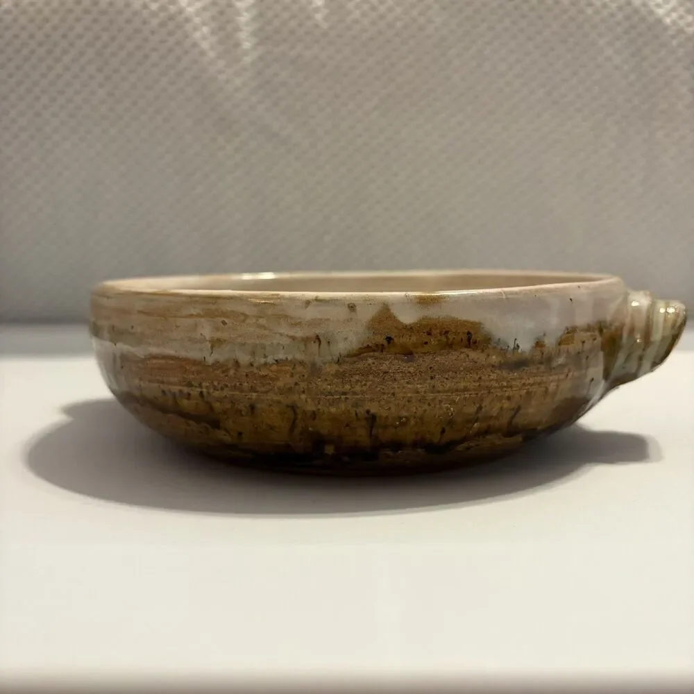 Art Studio Pottery Brown Wide Bowl Dish Folk Art Decor Artist Signed 7.5x2.25